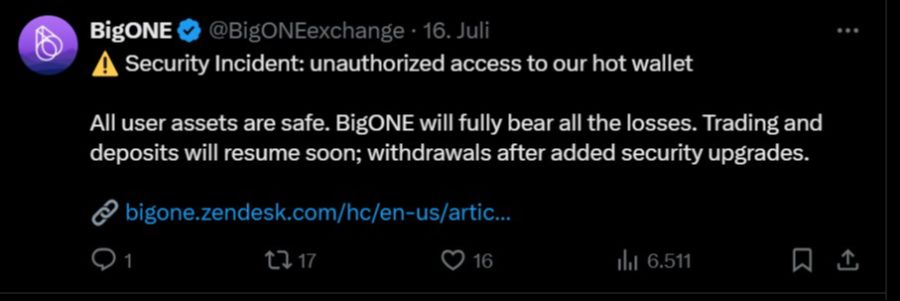 Krypto Cyberangriff BigONE Tweet