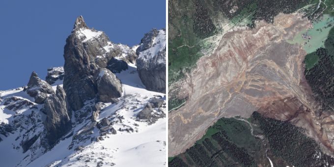 Der «Spitze Stei» (links) bedroht Kandersteg BE seit Jahren. Ist ein ähnliches Ausmass wie in Blatten VS (rechts) möglich? Kandersteg Blatten