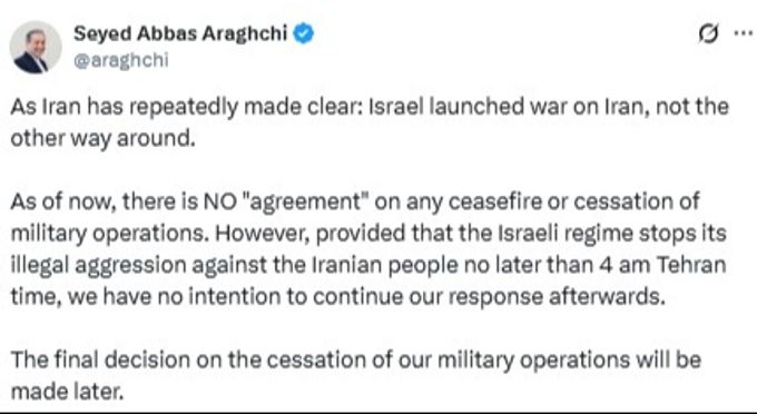 Der Aussenminister von Iran zeigte in der Nacht zunächst nur Bereitschaft für eine Waffenruhe. Später wurde diese von iranischer Seite bestätigt. Israel hat sich noch nicht dazu geäussert. Iran ISrael