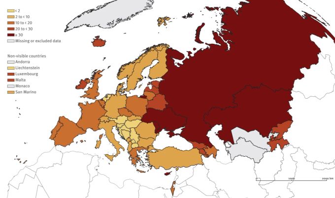 Die WHO-Karte zeigt die Anzahl der HIV-Infektionen pro 100'000 Einwohner. hiv europa