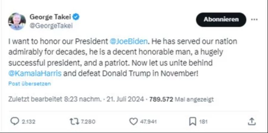 George Takei möchte, dass man Trump im November besiegt.