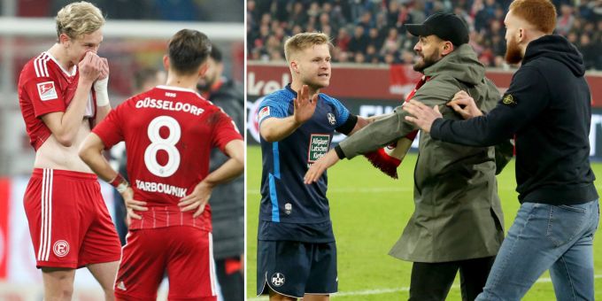 Fortuna Düsseldorf verliert in der letzten Minute, die Fans stürmen darauf das Feld. Fortuna Düsseldorf