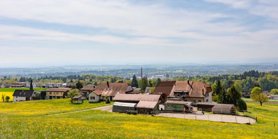 Blick Richtung Süden in Riedholz. In der Bildmitte sind Turm und Kamin der stillgelegten Cellulose-Fabrik Attisholz erkennbar.