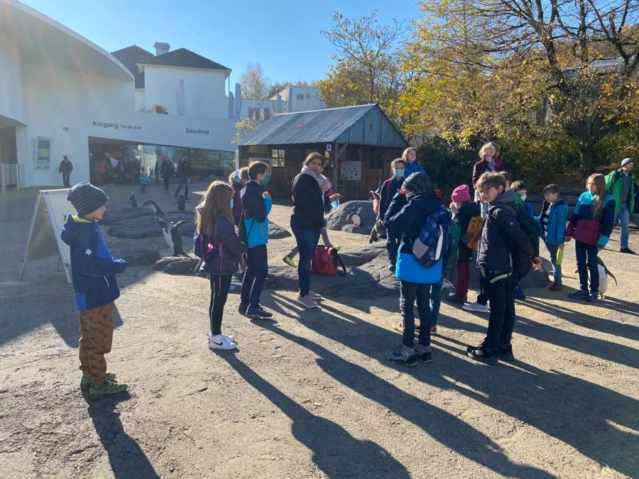 Die Kinder werden in der Sonne über Pinguine aufgeklärt.