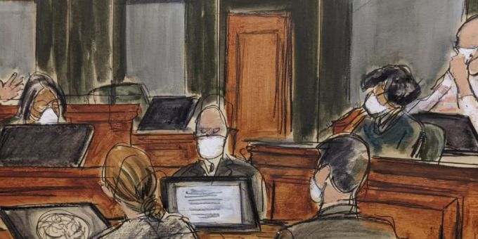 Diese Gerichtszeichnung zeigt Richterin Alison Nathan (hinten l), die zu den Geschworenen (r) über den neuen Zeitplan für die Beratungen im Missbrauchsprozess gegen die Angeklagte Maxwell spricht. Foto: Elizabeth Williams/AP/dpa Diese Gerichtszeichnung zeigt Richterin Alison Nathan (hinten l), die zu den Geschworenen (r) über den neuen Zeitplan für die Beratungen im Missbrauchsprozess gegen die Angeklagte Maxwell spricht. Foto: Elizabeth Williams/AP/dpa