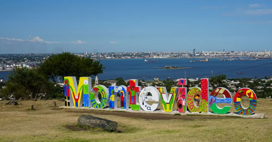 Struktur-Schriftzug Montevideo in Parkgelände