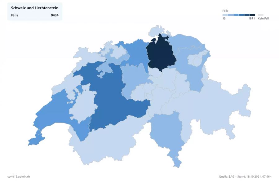 Eine Karte, welche die Hospitalisierungen in den Schweizer Kantonen zeigt.