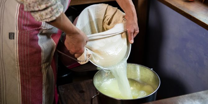 Frau Milch Eimer Molke Hände Käseherstellung