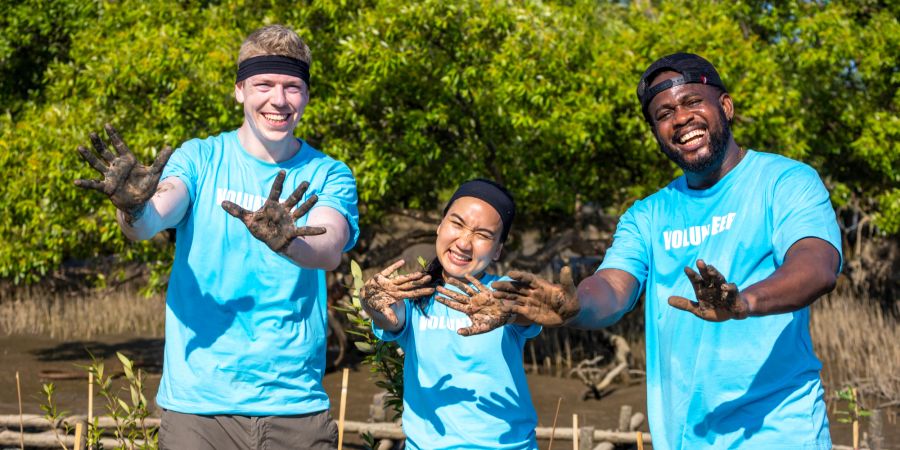 Volunteer, Ehrenamtliche Arbeit, drei junge Menschen, blaue Shirts,