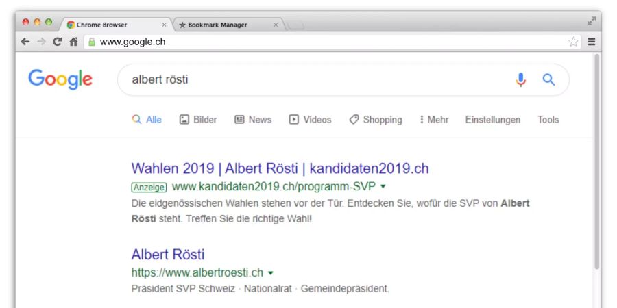 Erster Treffer bei Google nach dem Namen Albert Rösti, Parteipräsident SVP, ist kanidaten2019.ch.