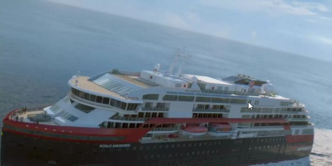 Das Hybrid-Kreuzfahrtschiff ist in See gestochen. ms roald amundsen