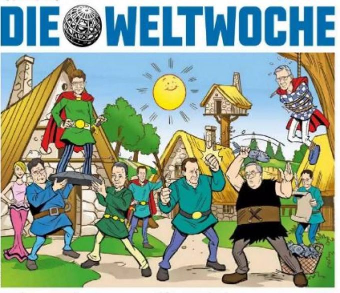 Diese Karikatur säumt das Titelblatt der aktuellen Ausgabe von «Die Weltwoche». Auch Verleger Roger Köppel (links) ist auf dem Bild verewigt. Die Weltwoche
