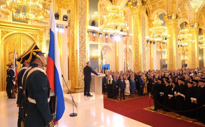 Wladimir Putin bei der Vereidigung als wiedergewählter Präsident der Russischen Föderation, im Georgssaal des Grossen Kremlpalasts, am 7. Mai 2018. Wladimir Putin Gold Russland