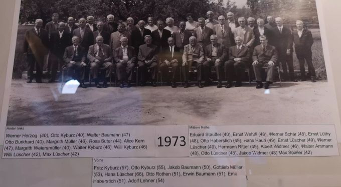 Mitarbeiter aus dem Jahr 1973: Die Firma Walther durfte auf langjährige Mitarbeiter zählen. In Klammern jeweils die Anzahl Jahre, die die Mitarbeiter für die Firma tätig waren. Industriemuseum Oberentfelden