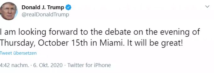 Donald Trump twitterte, dass er sich auf die Debatte in Miami freue. Donald Trump Coronavirus