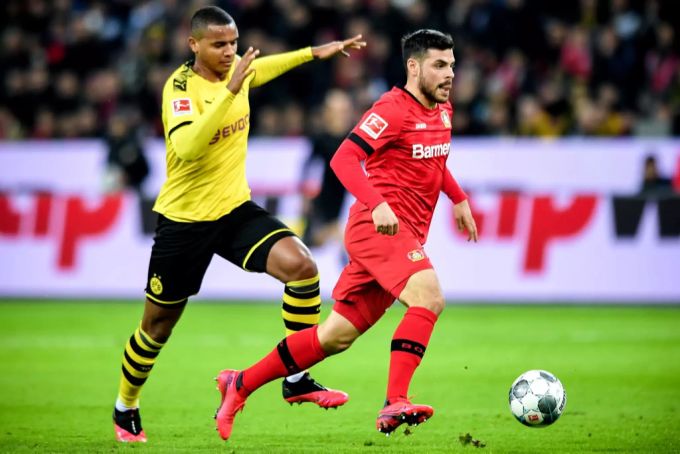 Manuel Akanji, Schweizer Abwehrspieler bim BVB muss Leverkusens Volland ziehen lassen. BVB Leverkusen Bundesliga