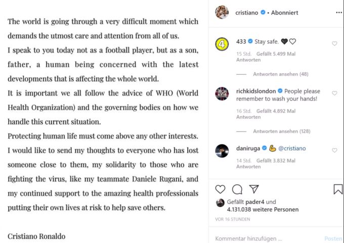 Cristiano Ronaldo wendet sich mit einem Brief an die Menschen. Cristiano Ronaldo