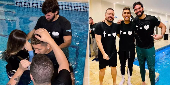Damit fing alles an: Alisson Becker tauft seinen Teamkollegen Roberto Firmino. Alisson Firmino Liverpool