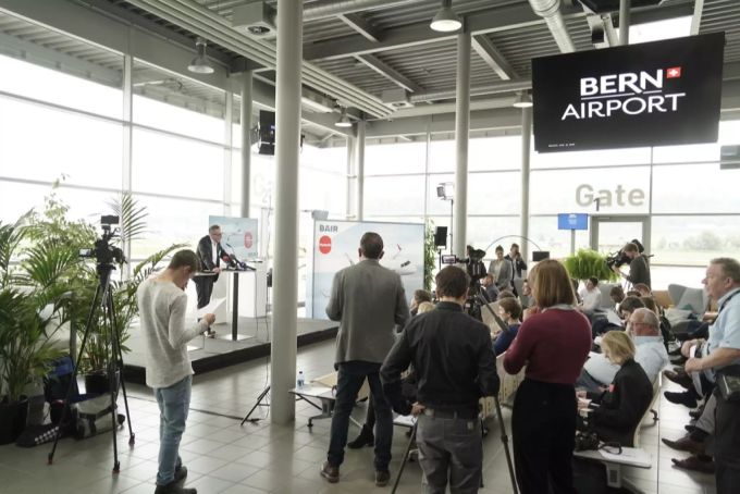 José Gonzàlez, CEO Flybair, spricht an der Pressekonferenz «Bern Airport und die Zukunft» vom 1. November 2019 am Flugahafen Bern Belp. flybair