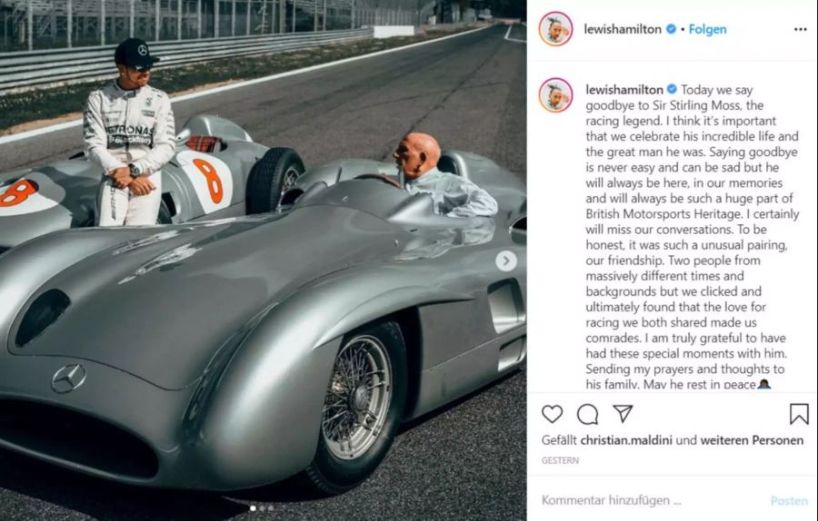 Lewis Hamilton schreibt nach dem Tod von Sir Stirling Moss eine bewegende Botschaft.