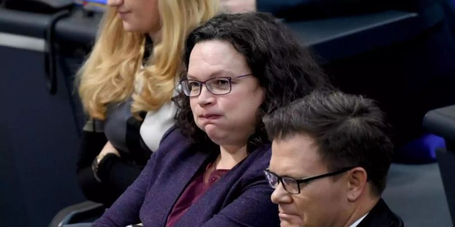 Andrea Nahles, SPD-Vorsitzende und Vorsitzende der SPD-Bundestagsfraktion, bei der 83. Sitzung des Bundestags. Foto: Britta Pedersen