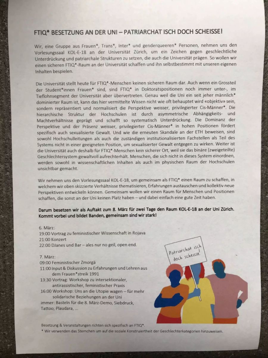 In einem Schreiben listet die Gruppe auf, warum sie den Hörsaal an der Uni Zürich für zwei Tage besetzt haben.