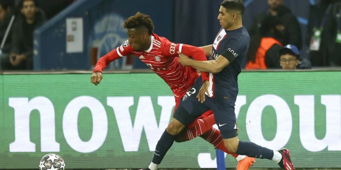 PSG-Star Achraf Hakimi im Duell mit Bayerns Kingsley Coman. Achraf Hakimi