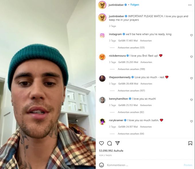 Auf Instagram hat Justin Bieber seine Erkrankung bekannt gegeben. justin bieber