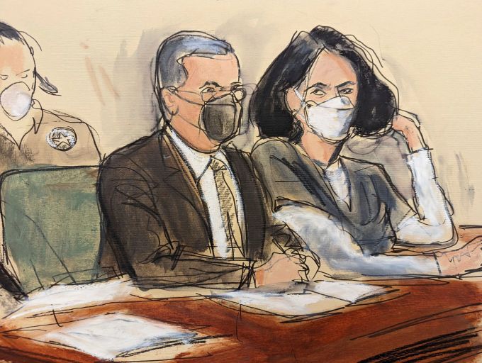 Eine Gerichtszeichnung zeigt die Epstein-Vertraute Ghislaine Maxwell und Anwalt Christian Everdell während der Urteilsverkündung. Ghislaine Maxwell Jeffrey Epstein
