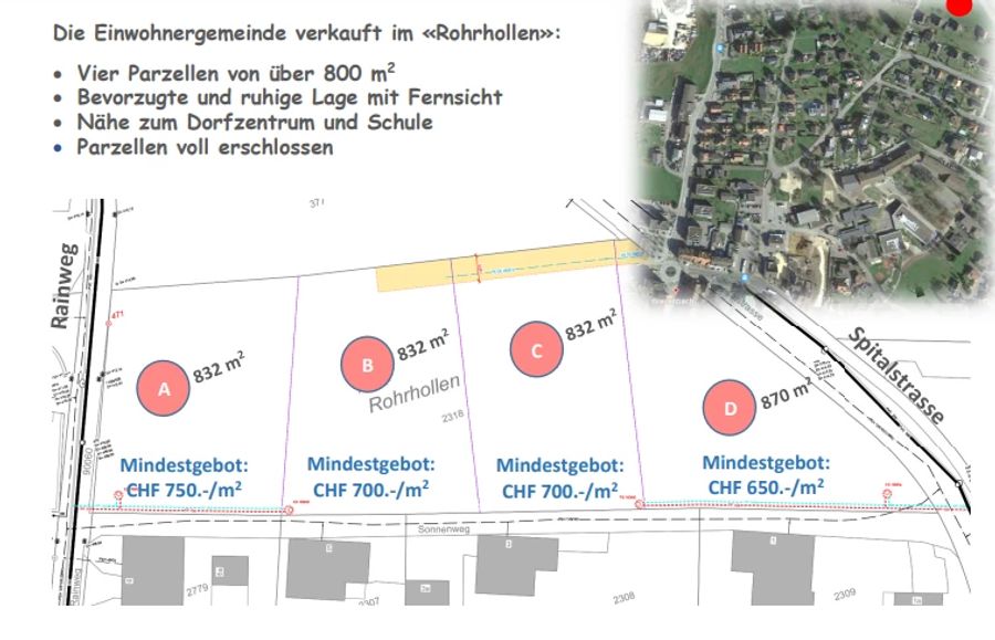 Im Verkaufsprospekt wird mit Fernsicht und Nähe zum Dorfzentrum geworben. Die Quadratmeter-Preise der vier Parzellen variieren zwischen 650 bis 750 Franken.