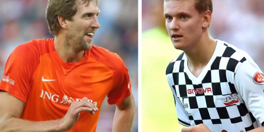 Dirk Nowitzki (l) und Mick Schumacher spielen wieder beim Benefiz-Fussballspiel «Champions for Charity». Foto: Thomas Frey