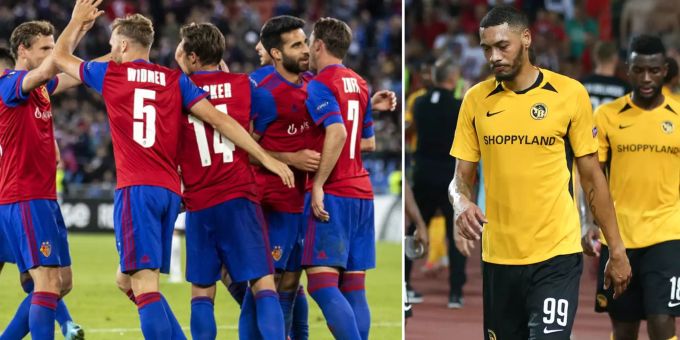 Links: Die Spieler des FCB bejubeln ein Tor gegen Krasnodar. Links: Guillaume Hoarau und Jean-Pierre Nsame (beide YB) nach dem CL-Out gegen Roter Stern Belgrad. FC YB