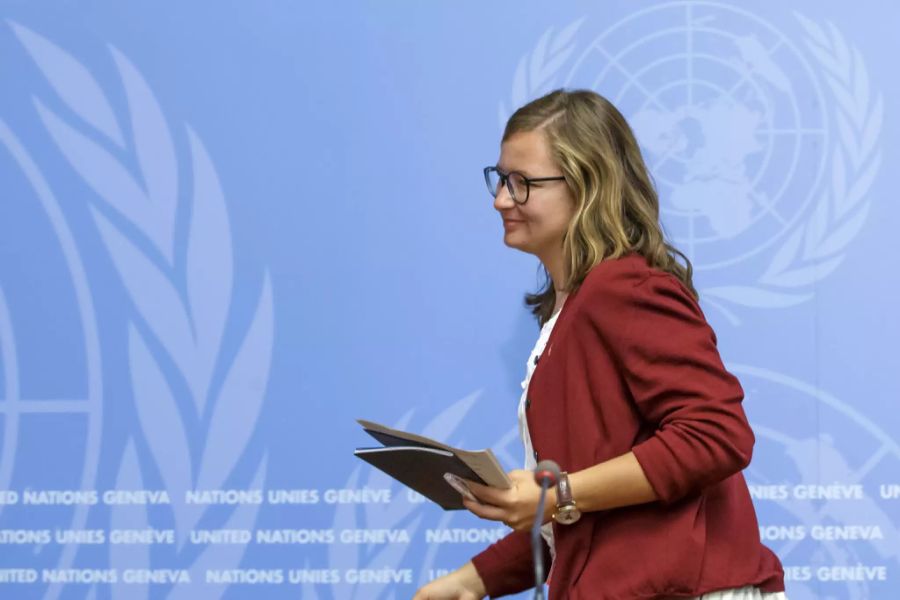 Marie-Claire Graf, die die Nachhaltigkeitswoche Schweiz ins Leben gerufen hat, kommt zur Uno-Pressekonferenz am europäischen Hauptsitz der Vereinten Nationen in Genf 2019.