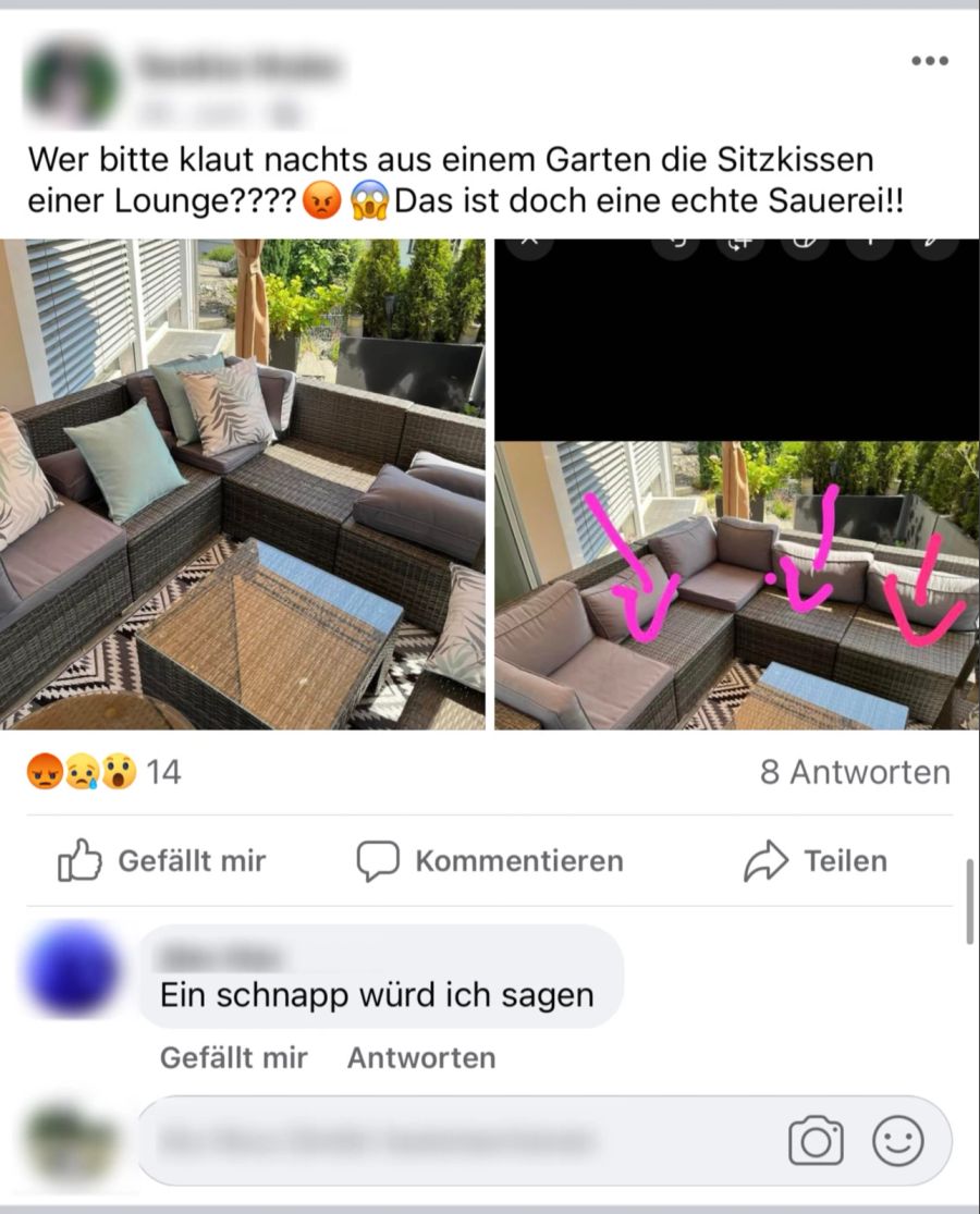 Ein weiterer Nutzer klagt über gestohlene Sitzkissen aus dem Garten.