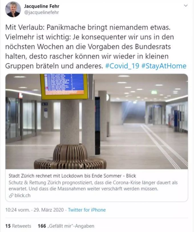 Die Zürcher Justizdirektorin Jacqueline Fehr dementiert die Gerüchte eines Lockdowns bis Ende Sommer indirekt ebenfalls. Zürich