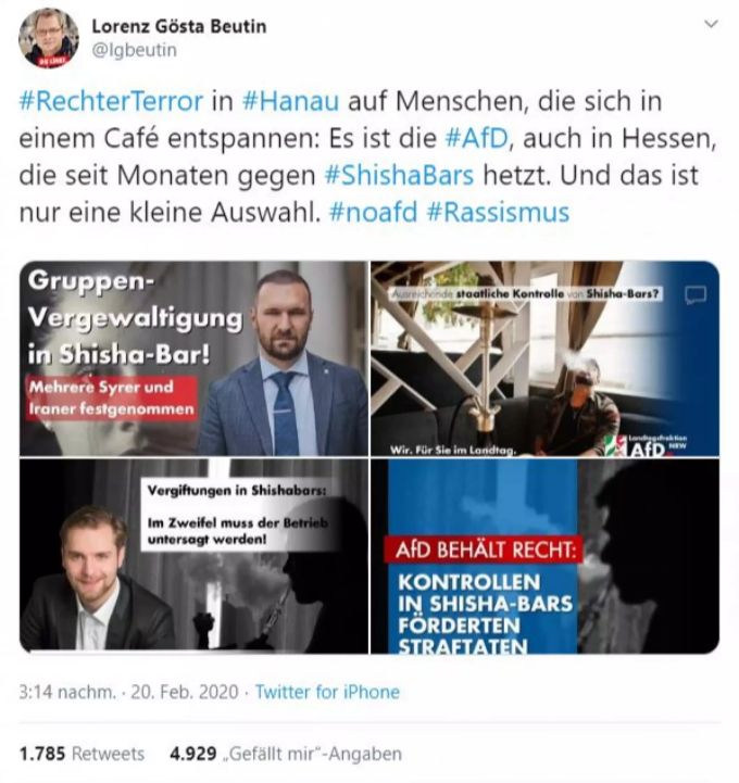 Lorenz Gösta Beutin (Linke) spricht auf Twitter Kampagnen der AfD an, welche gezielt gegen Shisha-Bars gehetzt hätten. AfD