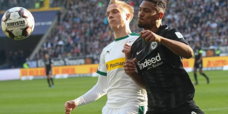 Frankfurter Haller (r) kämpft mit Gladbachs Oscar Wendt um den Ball. Foto: Thomas Frey