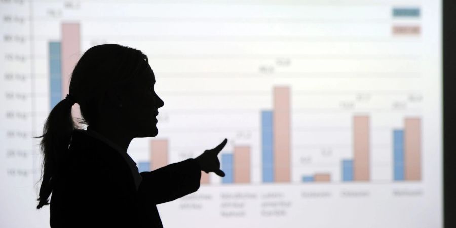 Eine Frau steht in einem Büro und erklärt eine an die Wand projezierte Grafik.
