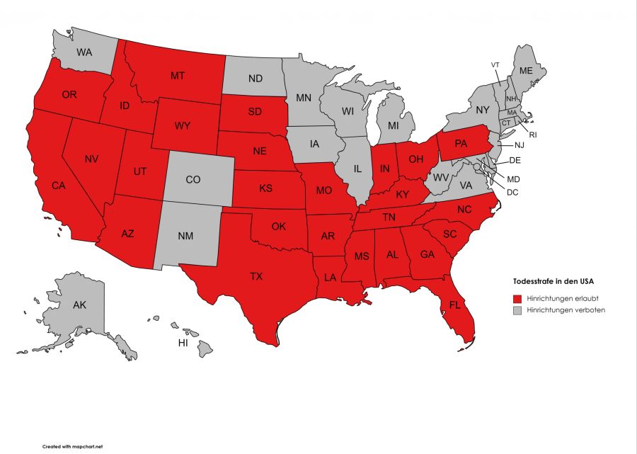 Die Todesstrafe ist in den USA immer noch weit verbreitet. In den rot eingezeichneten Staaten ist die Todesstrafe erlaubt.