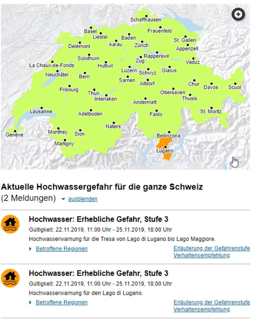 Naturgefahrenkarte Tessin Wochenende Hochwasser