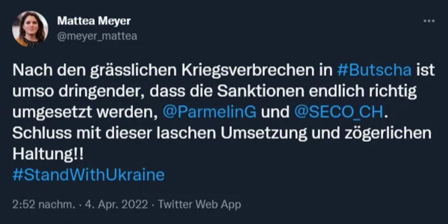 SP-Co-Präsidentin Mattea Meyer fordert, die Schweiz müsse die beschlossenen Sanktionen endlich richtig umsetzen.