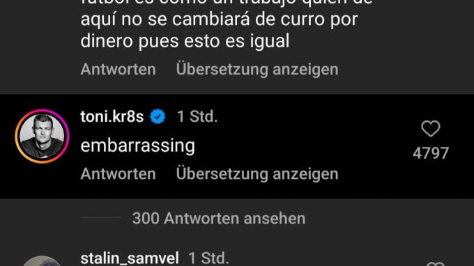 Inzwischen hat Toni Kroos den Kommentar wieder gelöscht. Kroos kommentiert auf Instagram