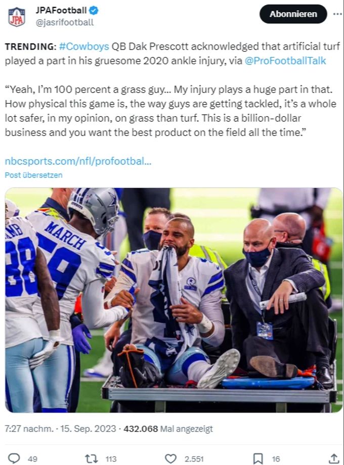 Dak Prescott, Quarterback der Dallas Cowboys, hat eine klare Meinung zu Kunsträsen in der NFL. NFL