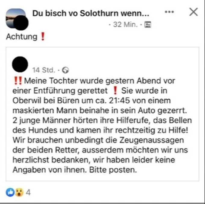 Diesen Text postete die besorgte Mutter in einer Solothurner Facebook-Gruppe. Facebook-Post