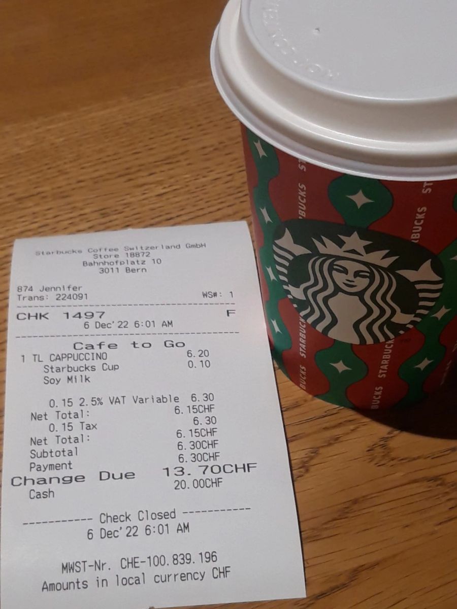 Zum Vergleich: Der gleiche Starbucks-Cappuccino kostet in Bern 30 Rappen weniger.