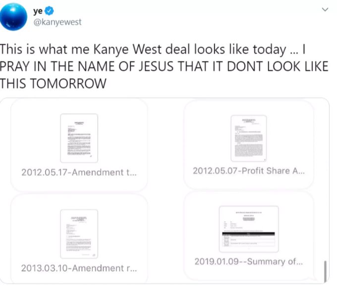 Kanye West veröffentlichte seinen ganzen Plattenvertag auf Twitter. kanye west grammy