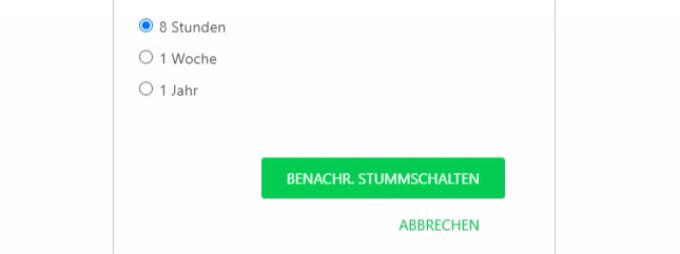 Die aktuelle Auswahl für die Stummschaltung eines Chats. WhatsApp