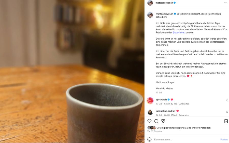 So kündigt Mattea Meyer ihre Pause an.