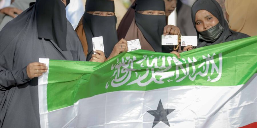 ARCHIV - Menschen zeigen die somaliländische Flagge, während sie darauf warten, ihre Stimme während der somaliländischen Präsidentschaftswahlen 2024 in einem Wahllokal abzugeben. F...