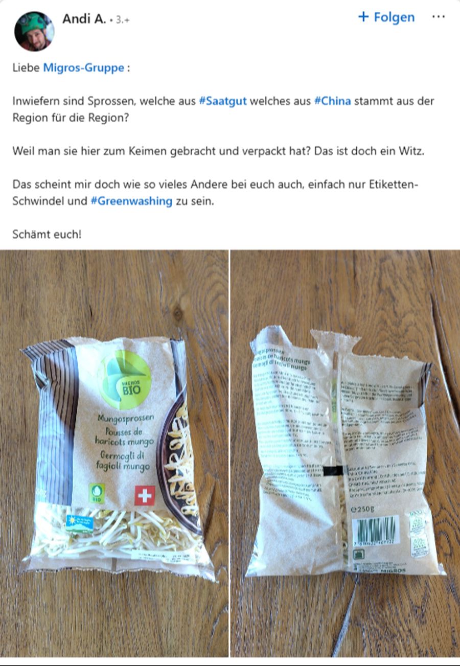 Die Migros verkauft Sprossen mit Schweizerkreuz, aber das Saatgut stammt aus China.